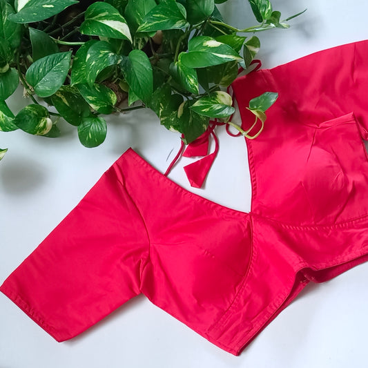 Cherry red plain V-neck silk blouse with elbow sleeves
