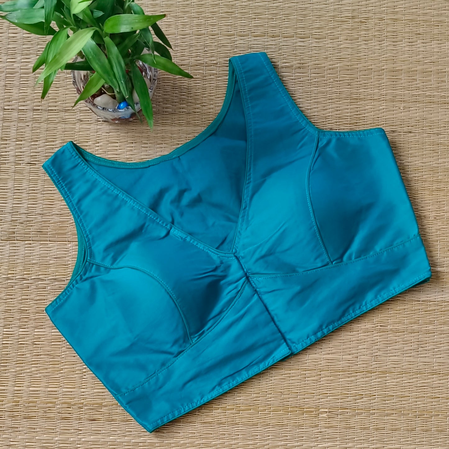 Rama blue plain front V-neck sleeveless blouse