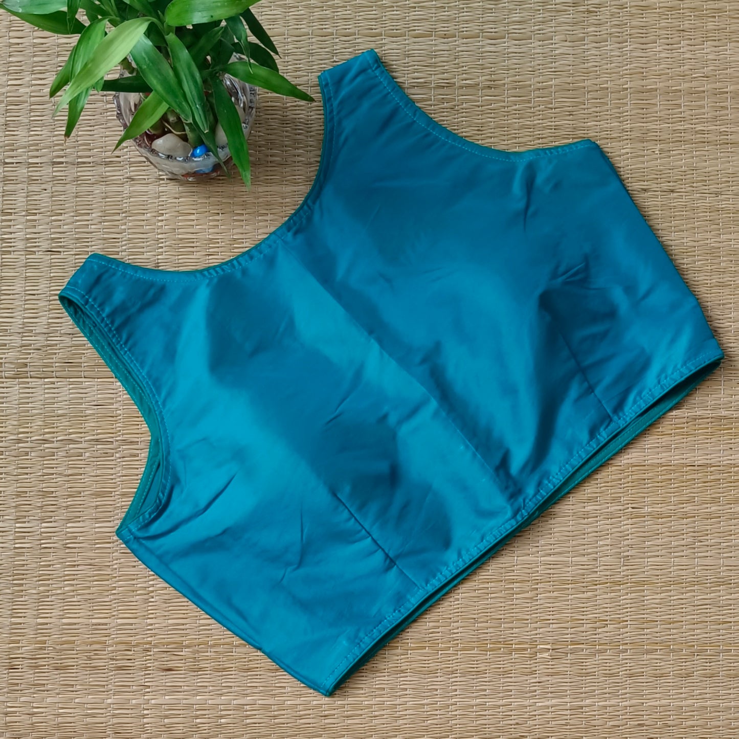 Rama blue plain front V-neck sleeveless blouse