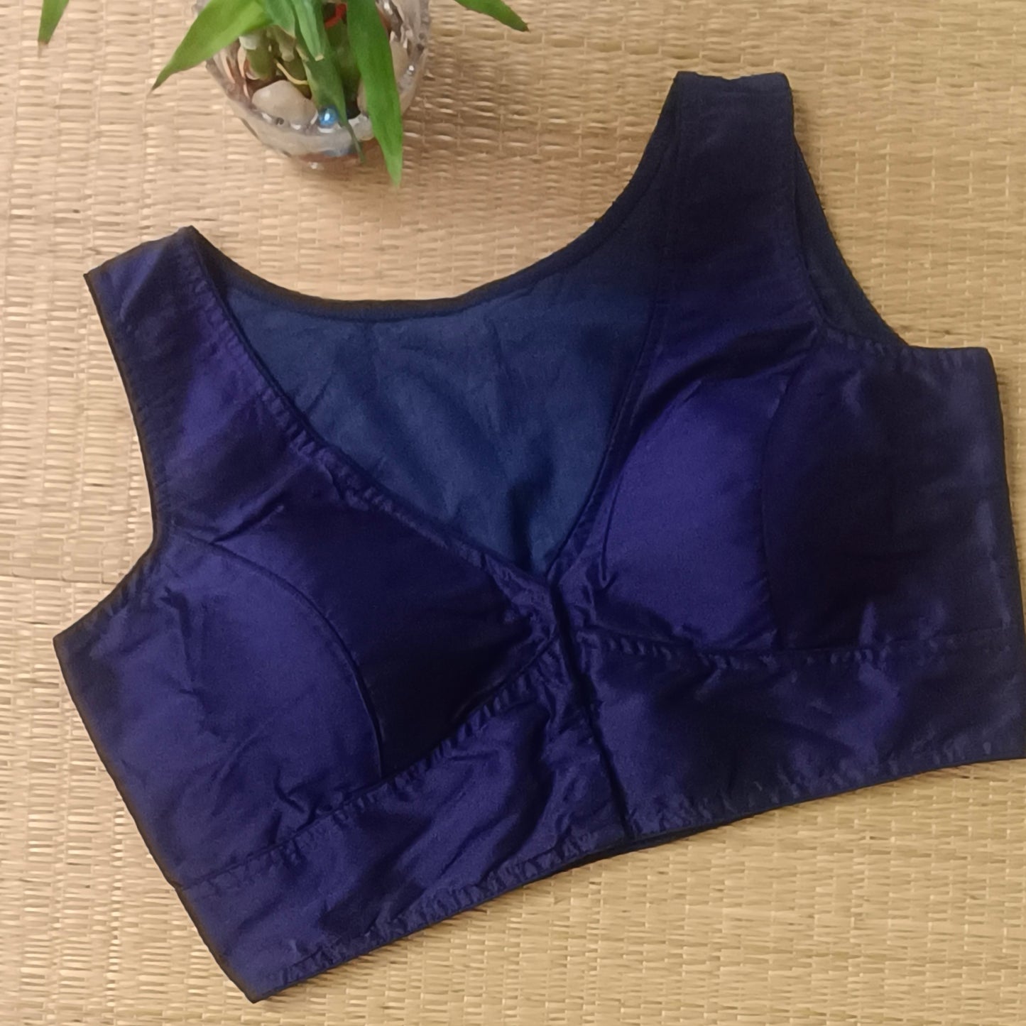 Navy Blue plain front V-neck sleeveless blouse