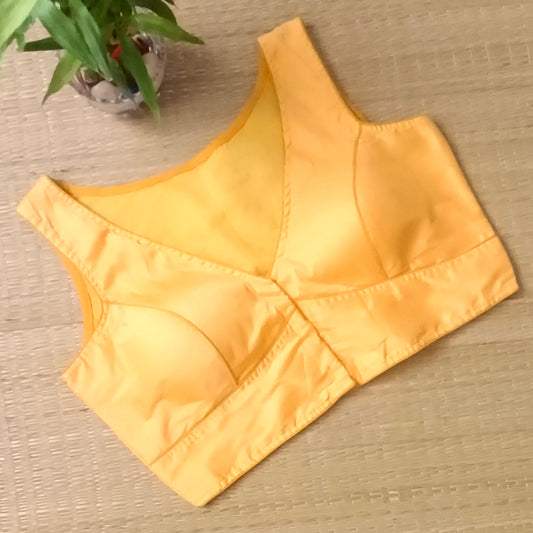 Yellow plain front V-neck sleeveless blouse