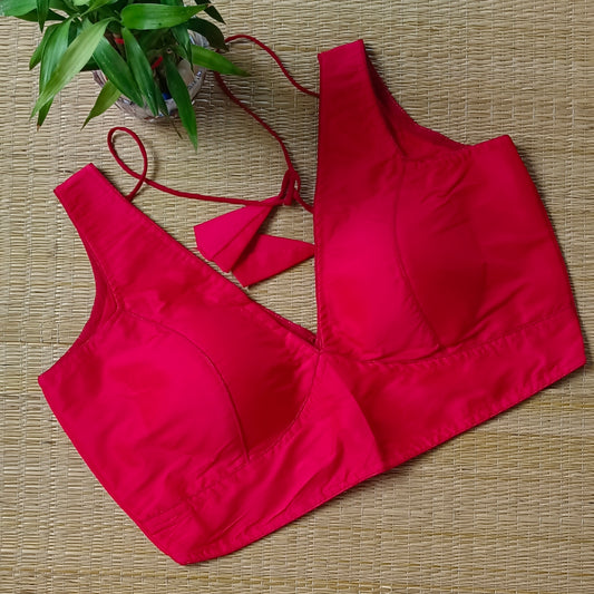 Cherry Red plain V-neck sleeveless blouse