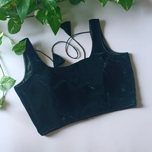Bottle Green Plain Velvet Blouse
