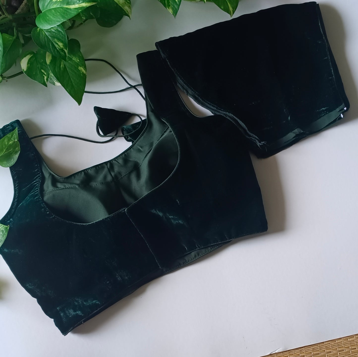 Bottle Green Plain Velvet Blouse