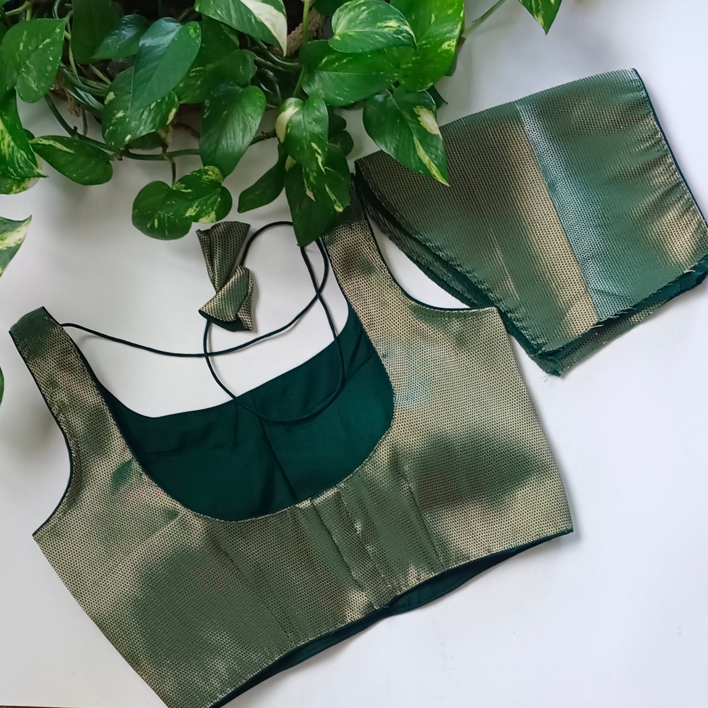 Bottle Green Brocade Blouse with attachable sleeves (assorted)