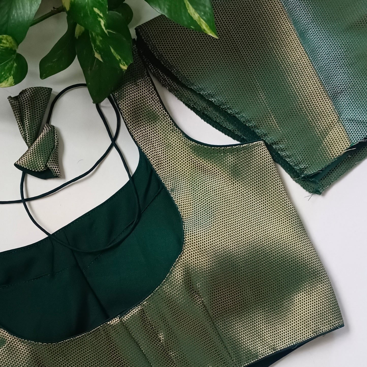 Bottle Green Brocade Blouse with attachable sleeves (assorted)