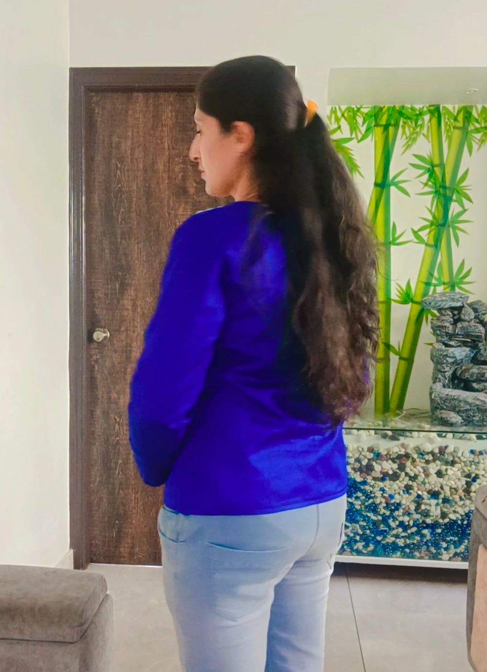 Royal blue hand embroidery long blouse