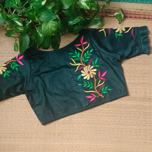 Bottle green floral embroidery blouse