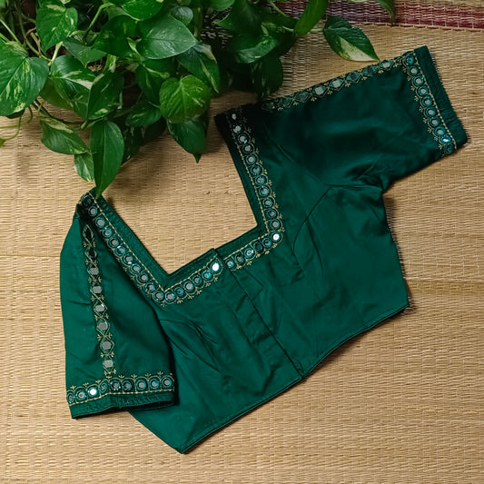 Bottle green mirror work blouse