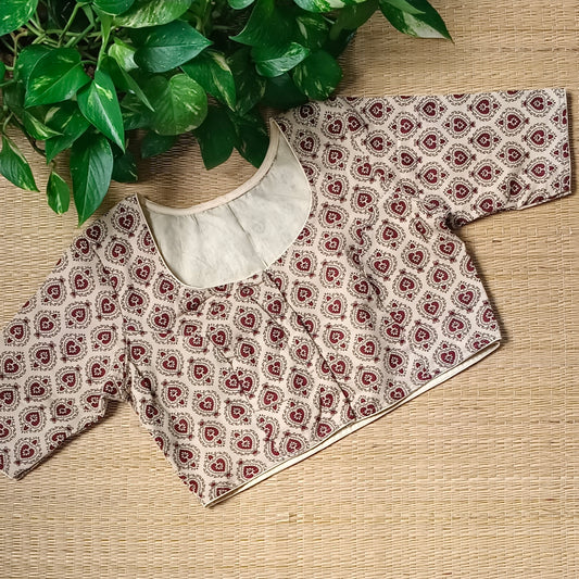 Beige Ajrak Printed Cotton Blouse