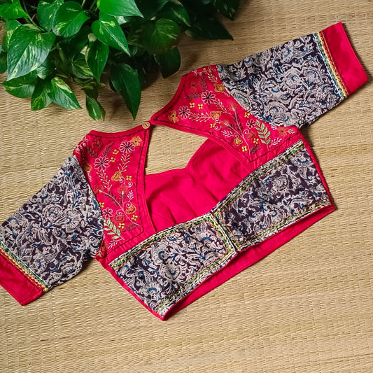 Red Kalamkari patchwork blouse