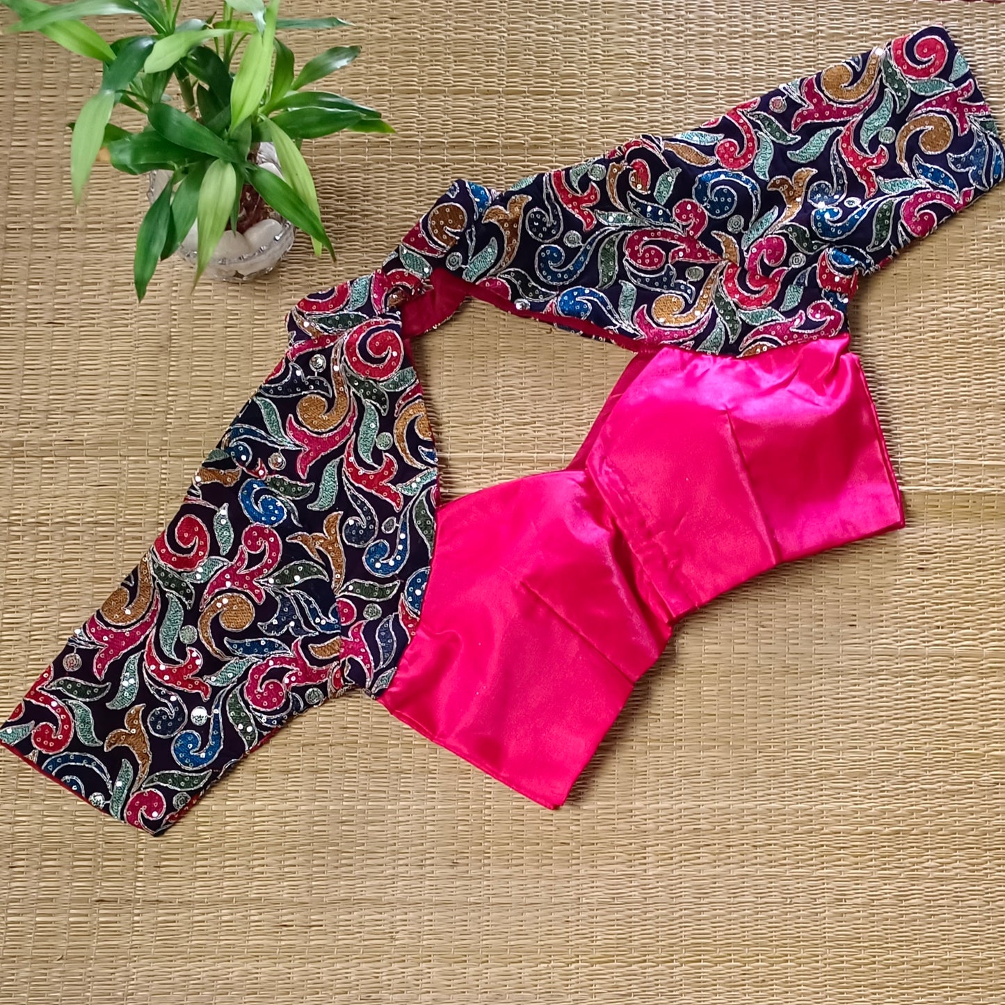 Hot pink high neck embroidery blouse