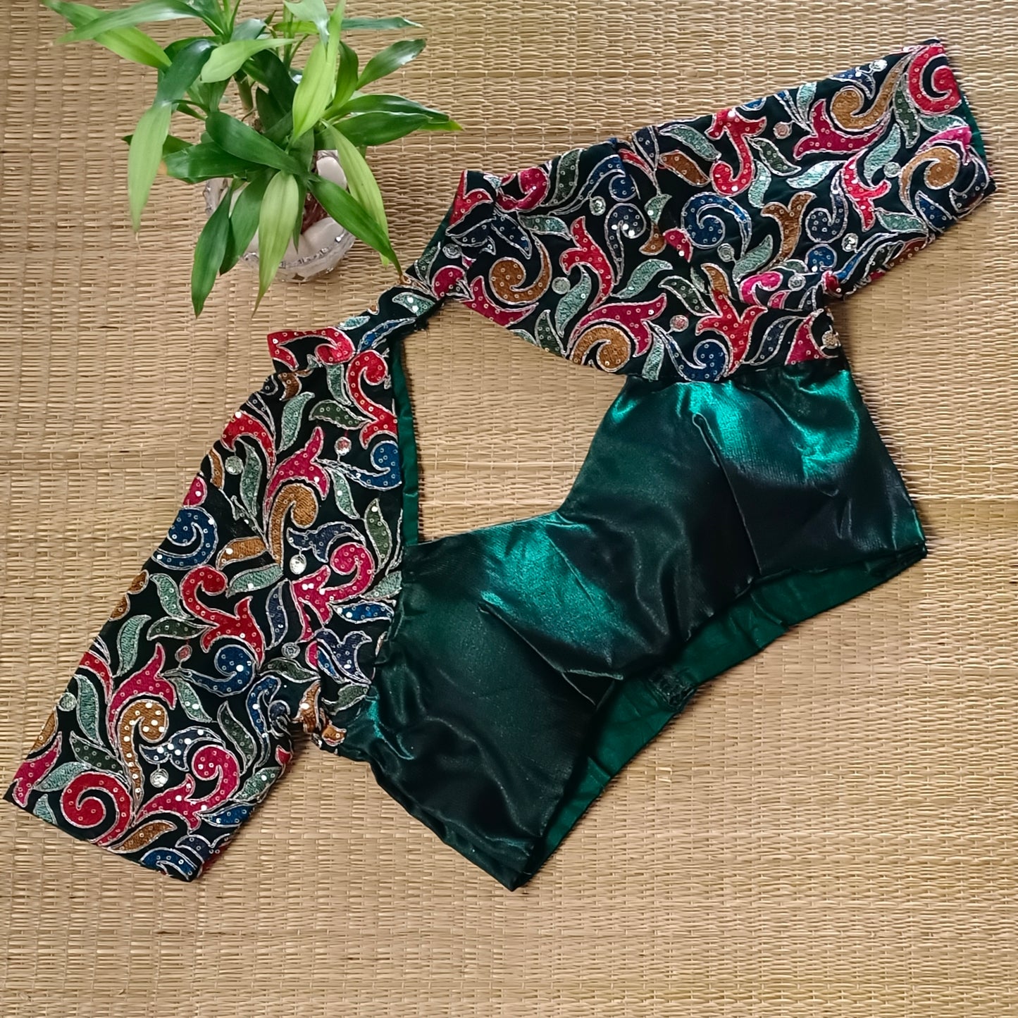 Bottle Green high neck embroidery blouse