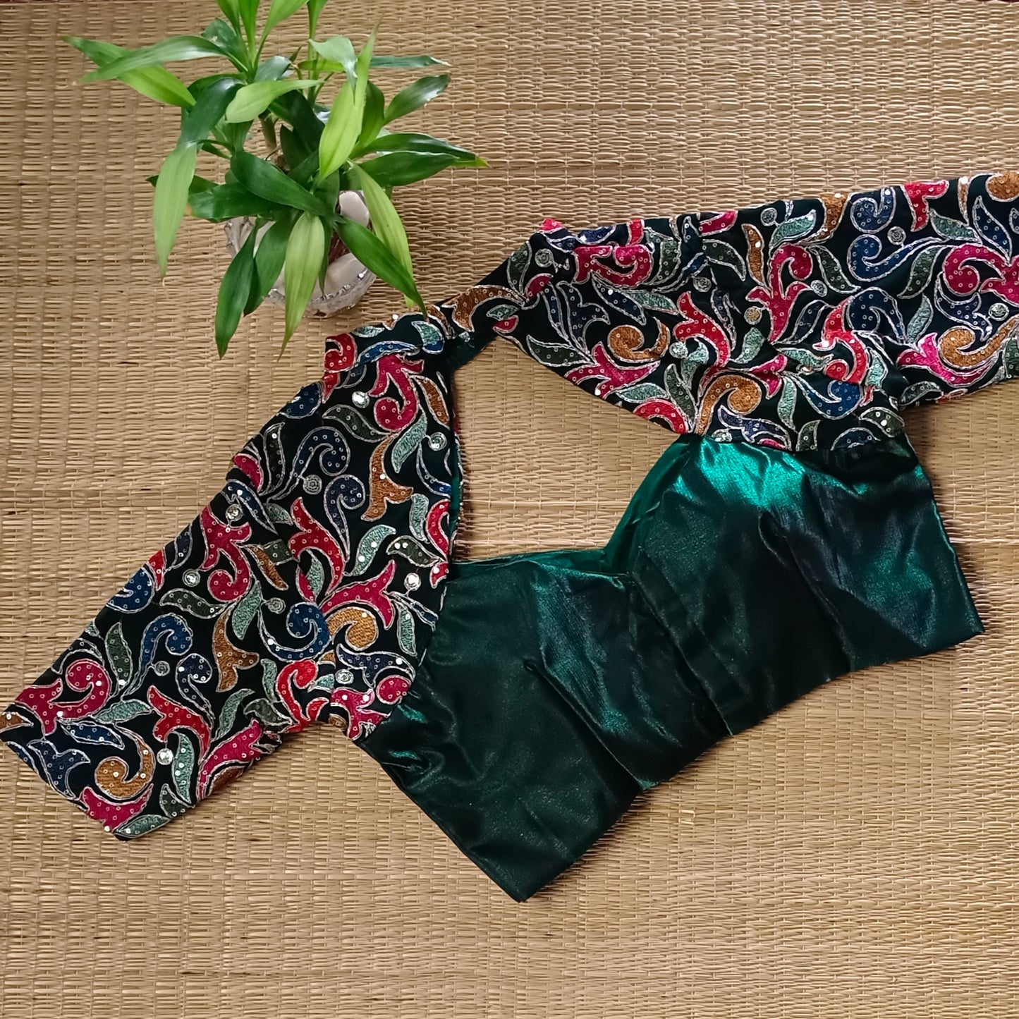Bottle Green high neck embroidery blouse