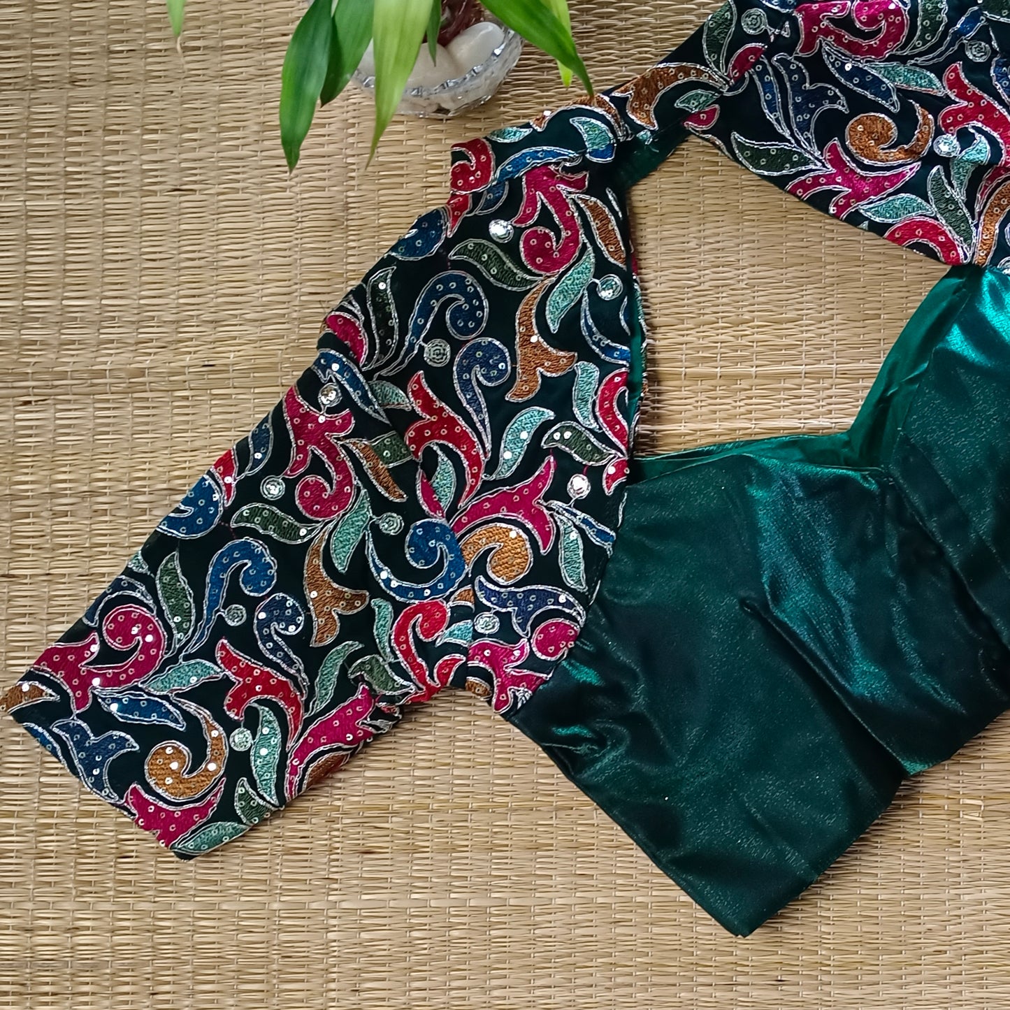 Bottle Green high neck embroidery blouse