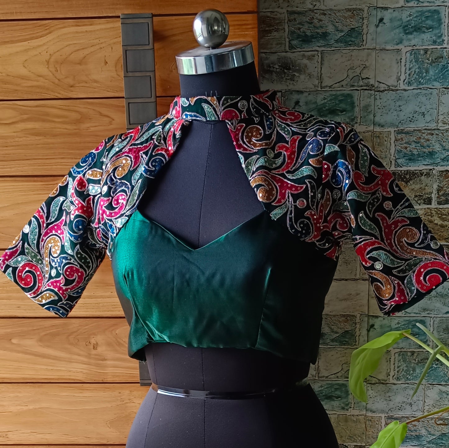 Bottle Green high neck embroidery blouse