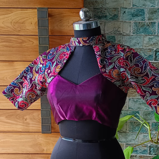 Wine high neck embroidery blouse