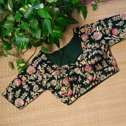 Bottle Green crepe code work blouse