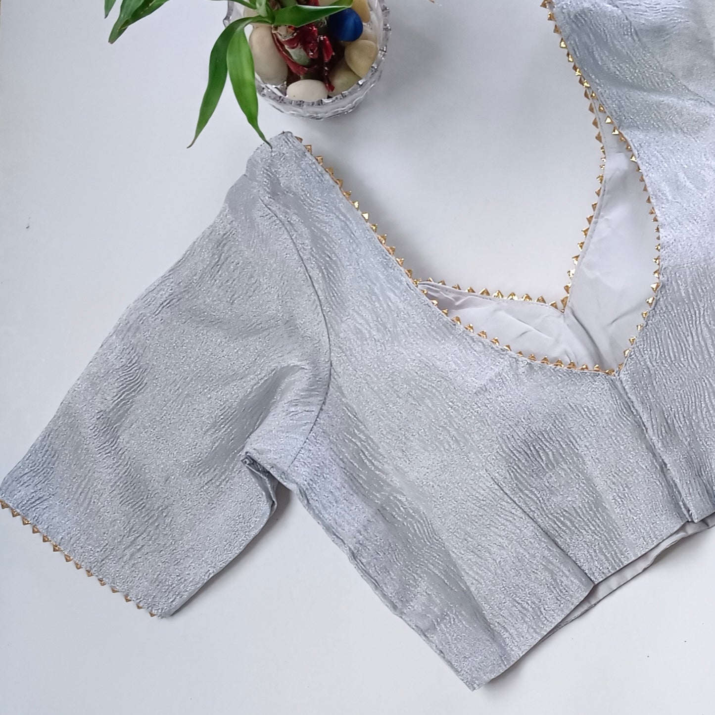 Metallic grey crush tissue blouse