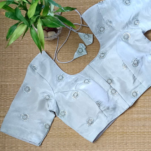 Silver tissue blouse with pearl and cut dhana work(assorted)