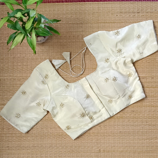 Light Golden Tissue blouse with pearl and cut dhana work( assorted )