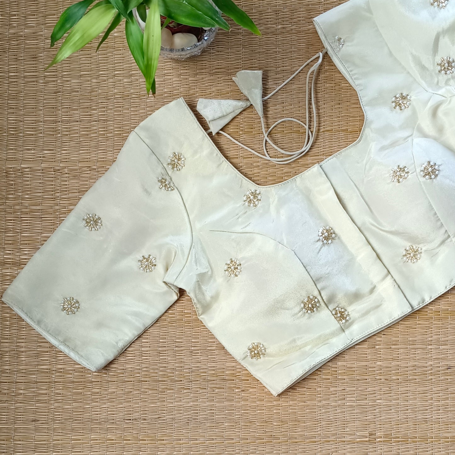 Light Golden Tissue blouse with pearl and cut dhana work( assorted )