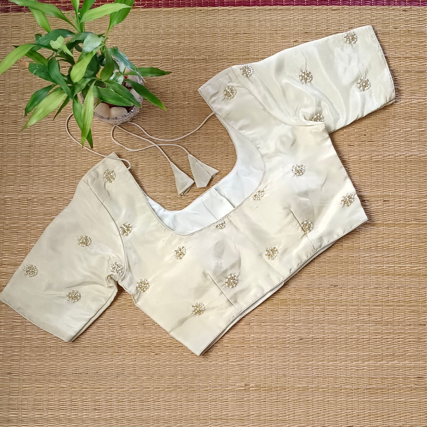 Light Golden Tissue blouse with pearl and cut dhana work( assorted )