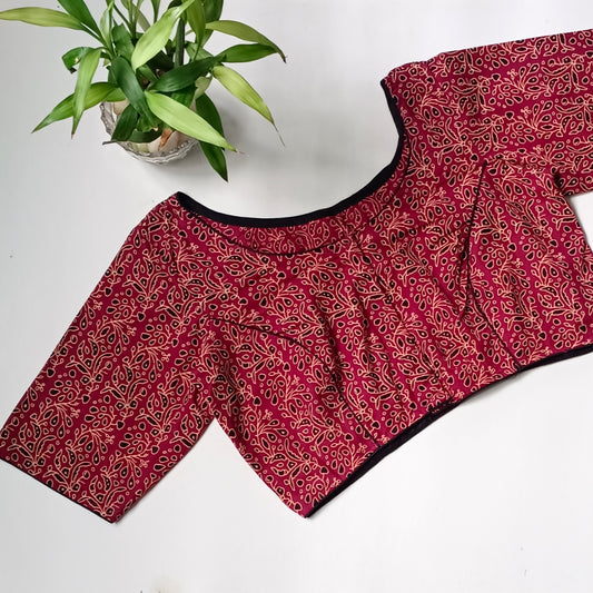 Maroon printed cotton boat neck blouse