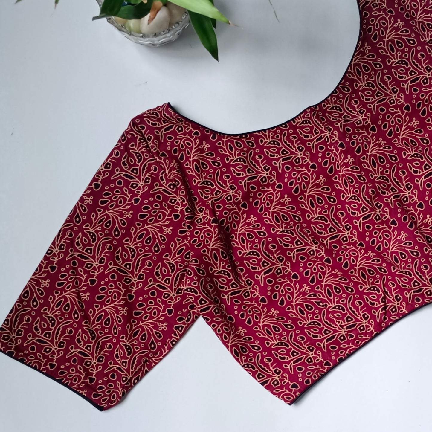 Maroon printed cotton boat neck blouse