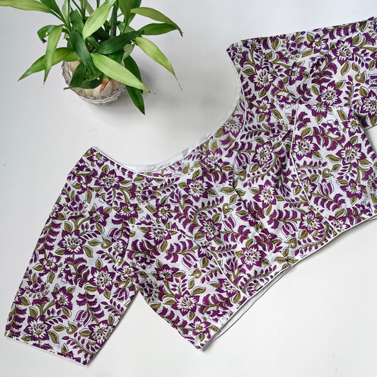 White printed cotton boat neck blouse