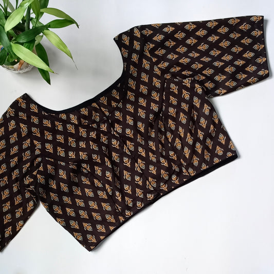Black printed cotton boat neck blouse
