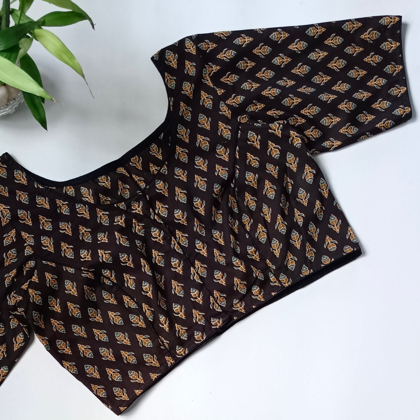 Black printed cotton boat neck blouse