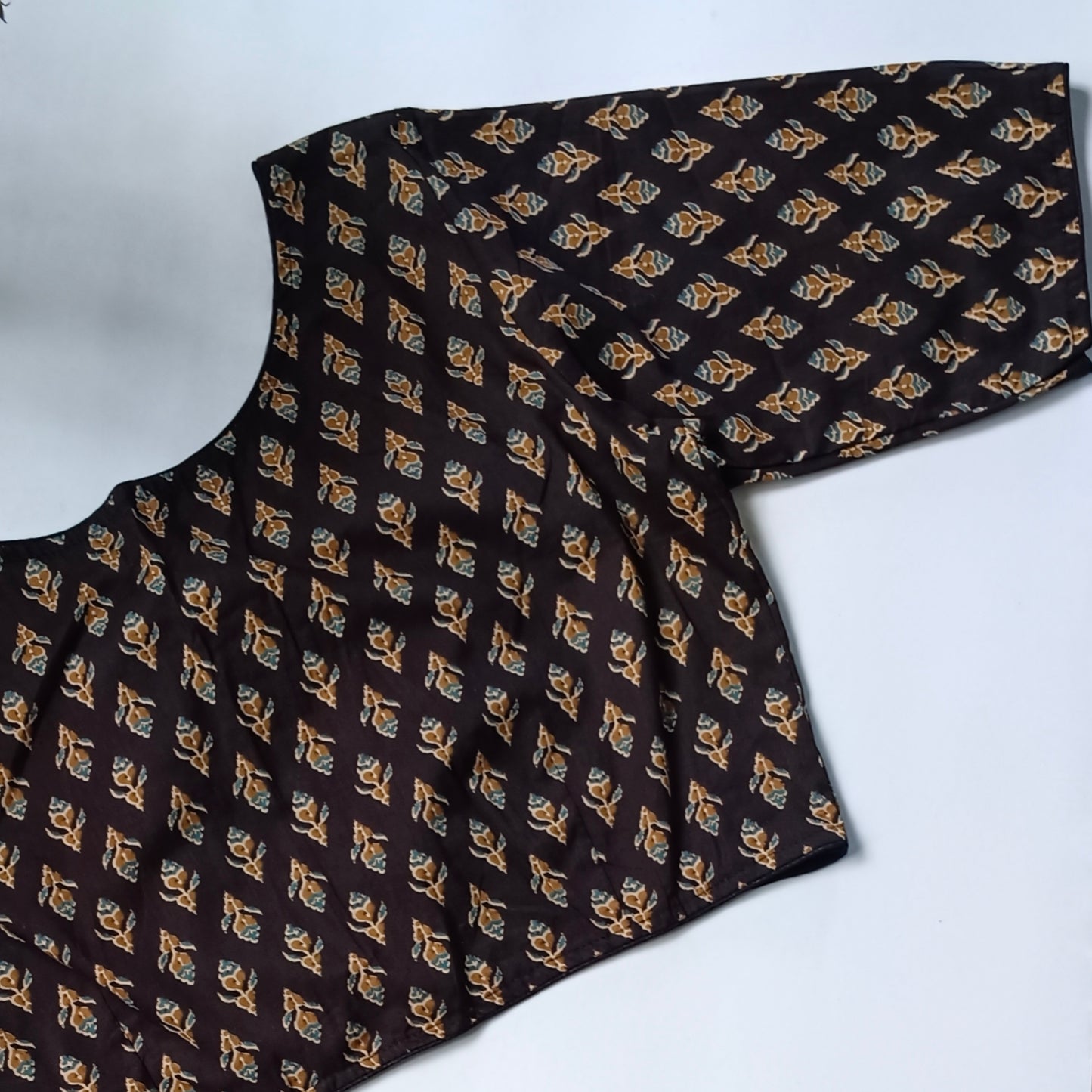 Black printed cotton boat neck blouse