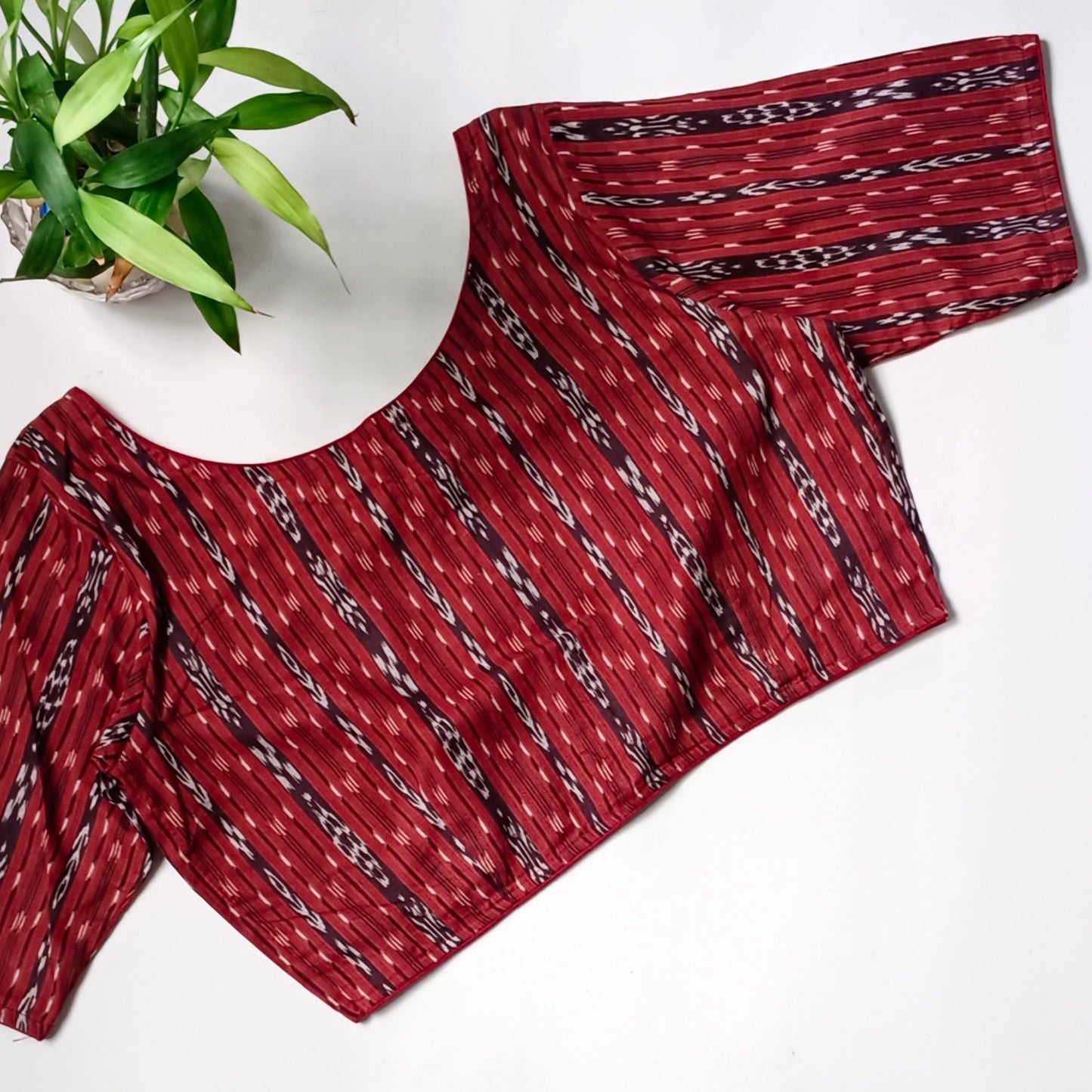 Maroon printed cotton boat neck blouse 2