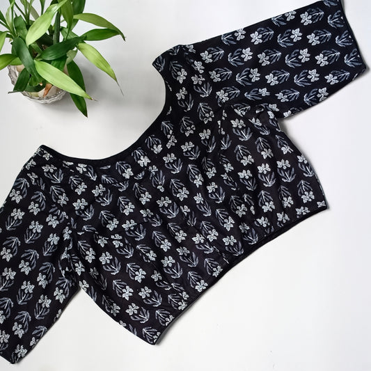 Black printed cotton boat neck blouse 1