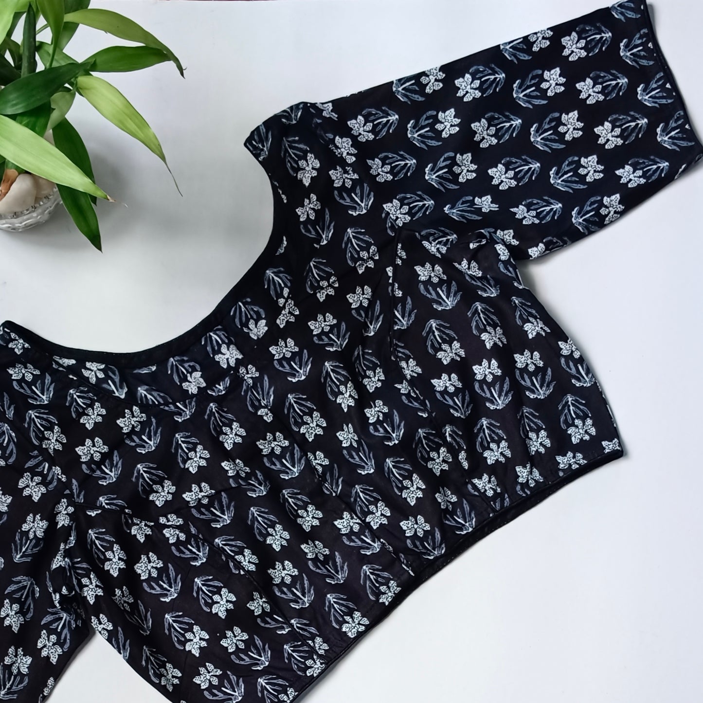 Black printed cotton boat neck blouse 1
