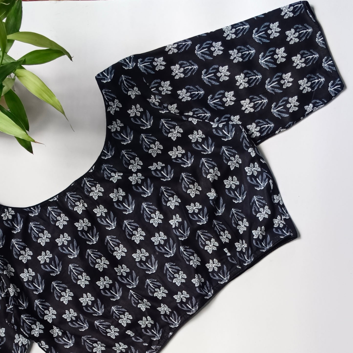 Black printed cotton boat neck blouse 1
