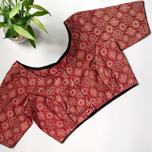 Maroon printed cotton boat neck blouse 3