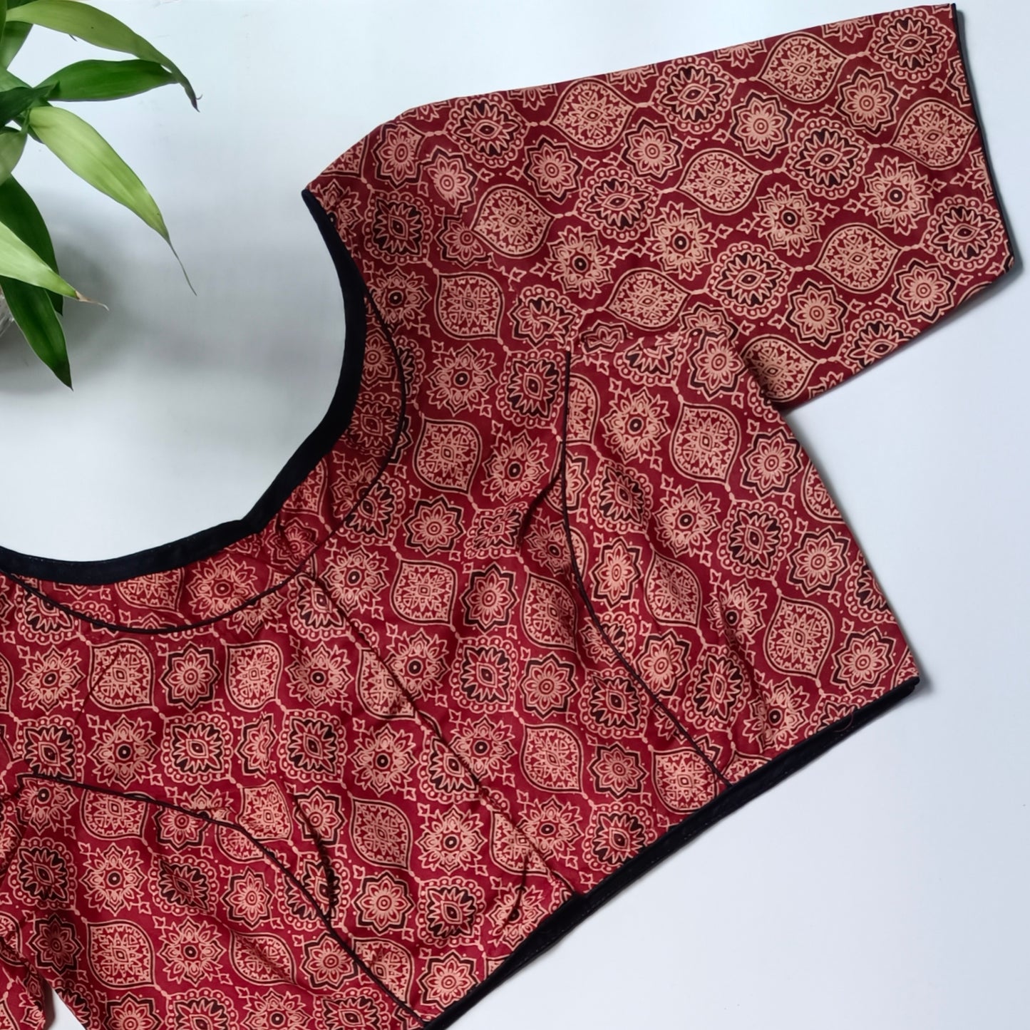Maroon printed cotton boat neck blouse 3