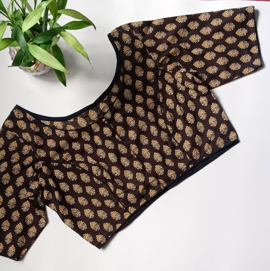 Black printed cotton boat neck blouse 2