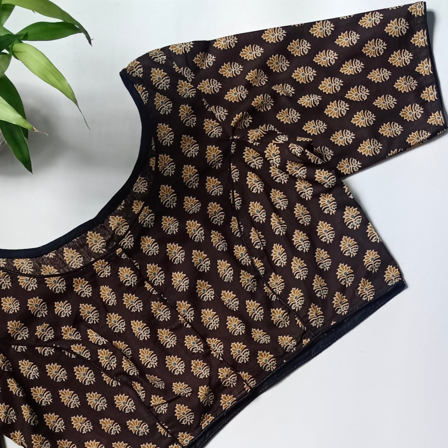 Black printed cotton boat neck blouse 2