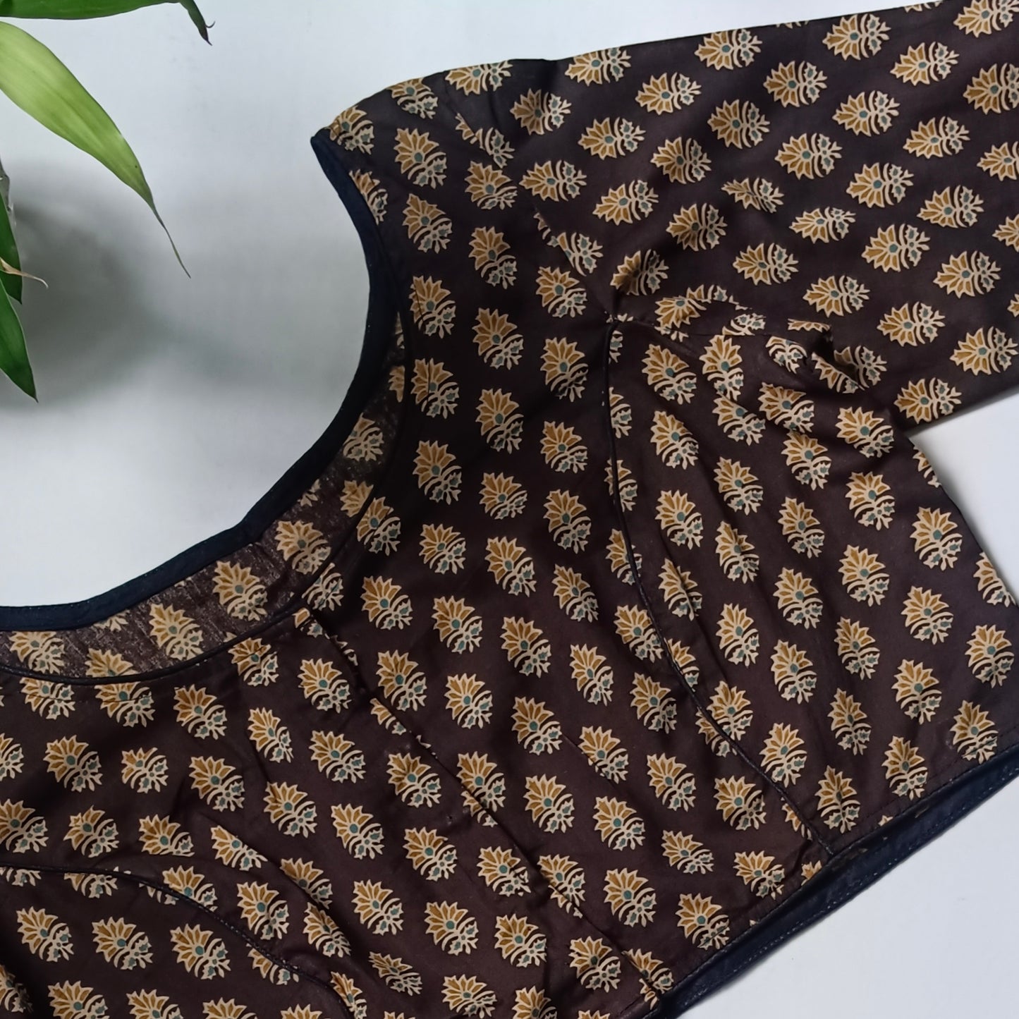 Black printed cotton boat neck blouse 2