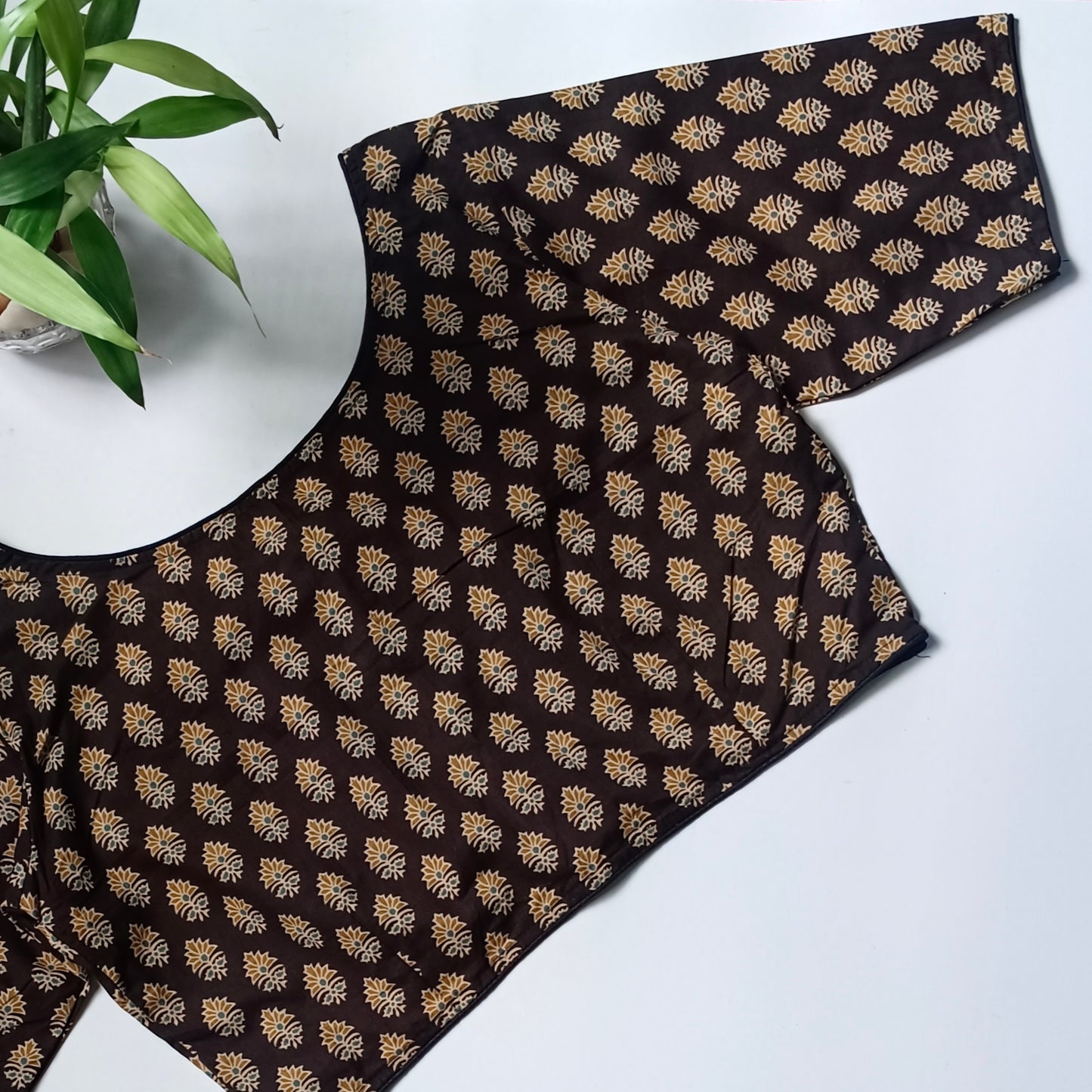 Black printed cotton boat neck blouse 2