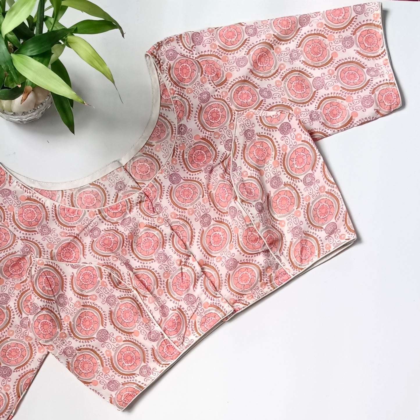 Peach printed cotton boat neck blouse