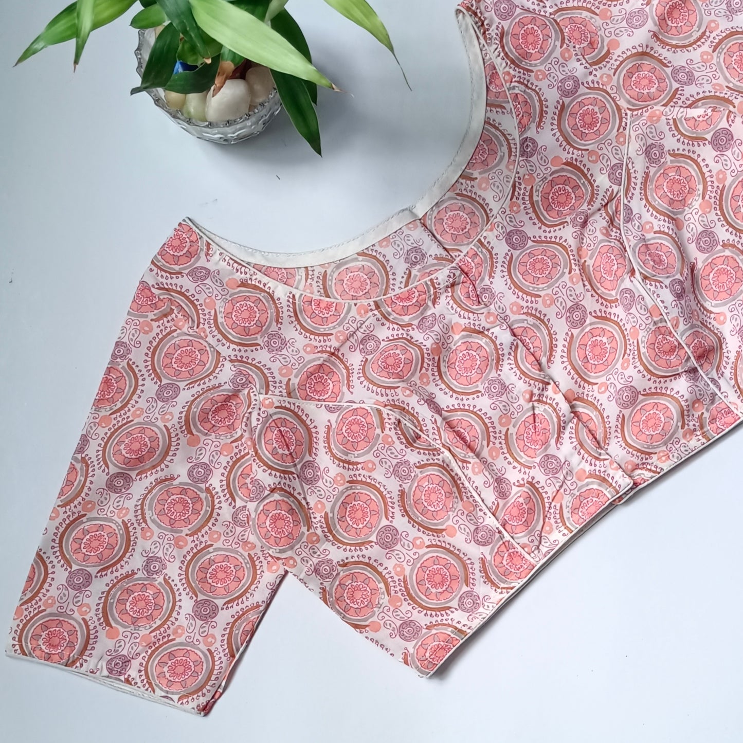 Peach printed cotton boat neck blouse
