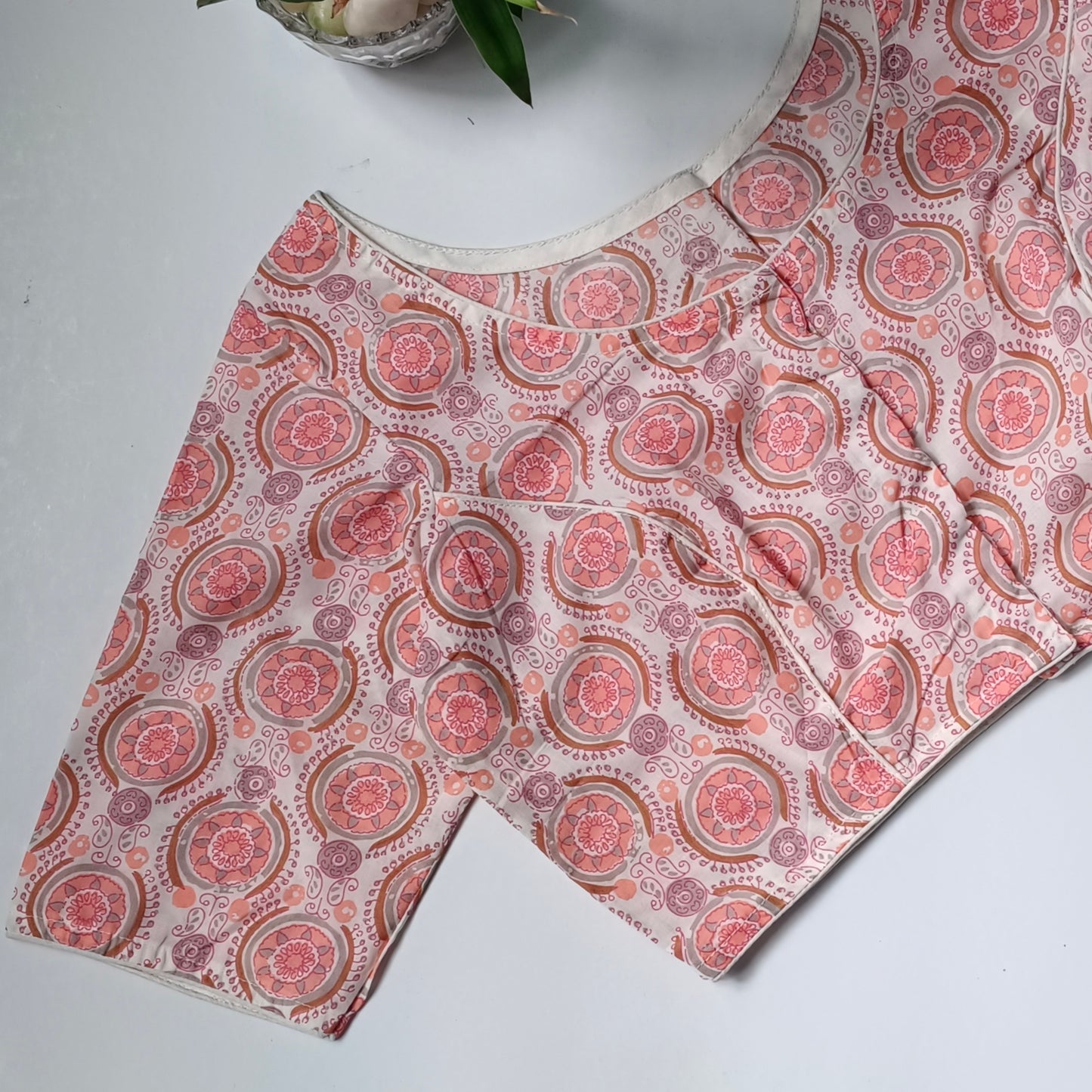Peach printed cotton boat neck blouse