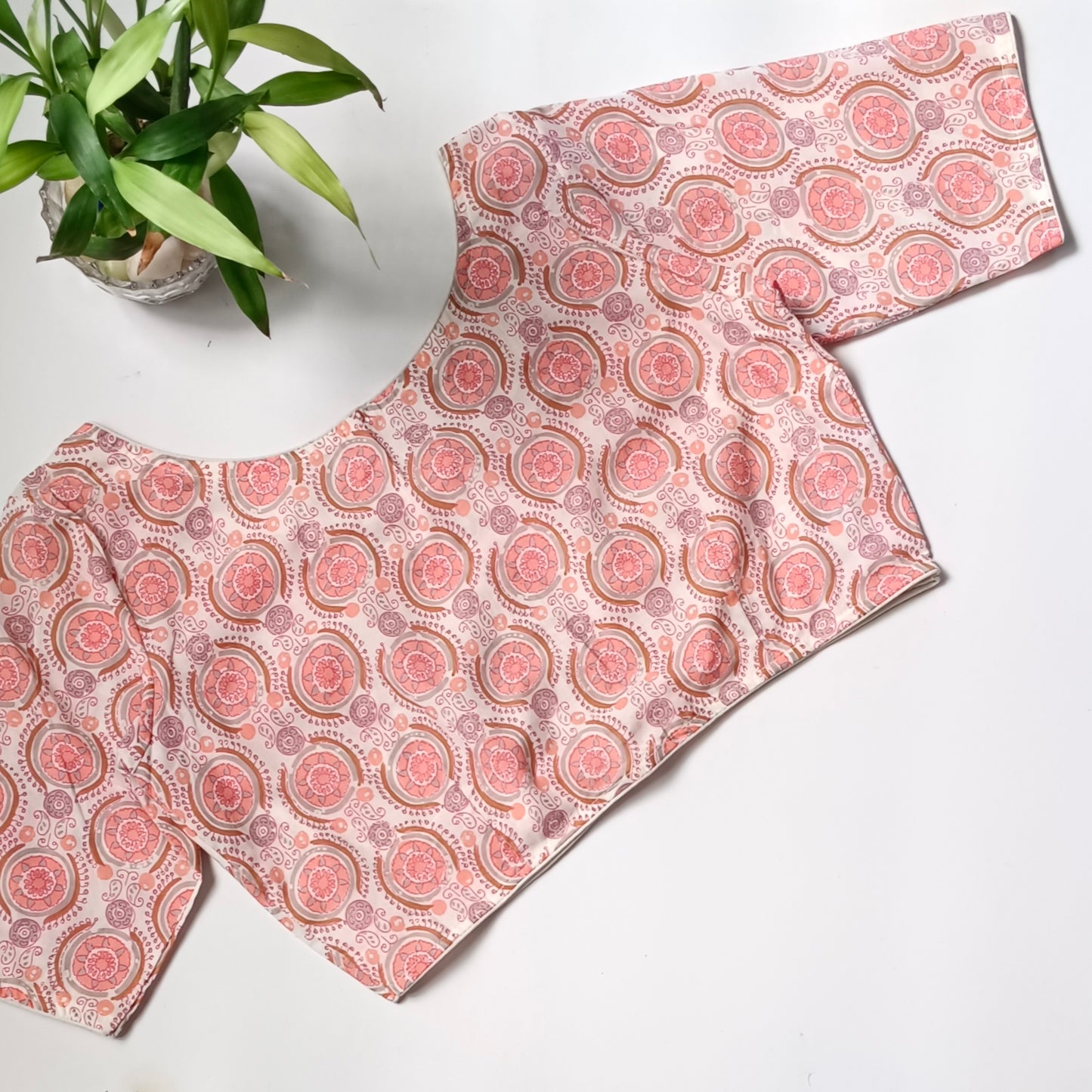 Peach printed cotton boat neck blouse