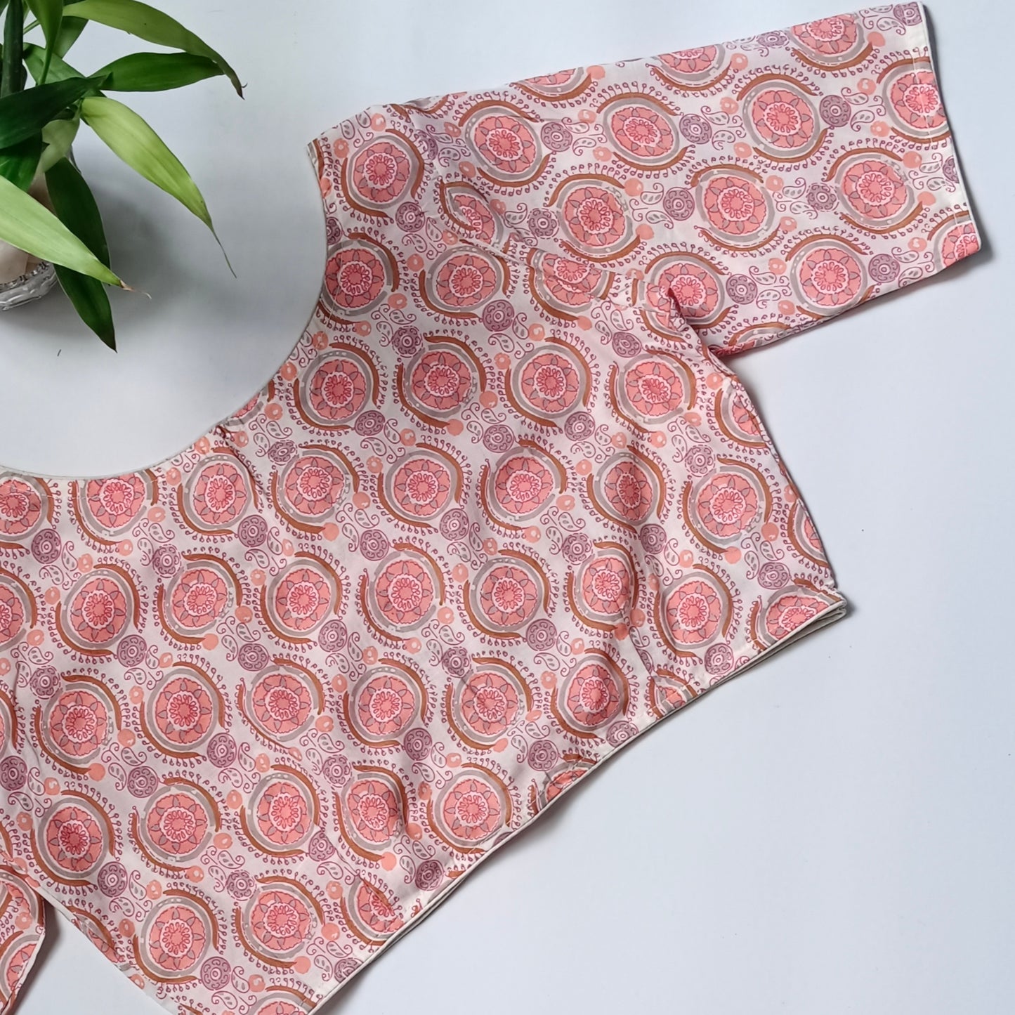 Peach printed cotton boat neck blouse