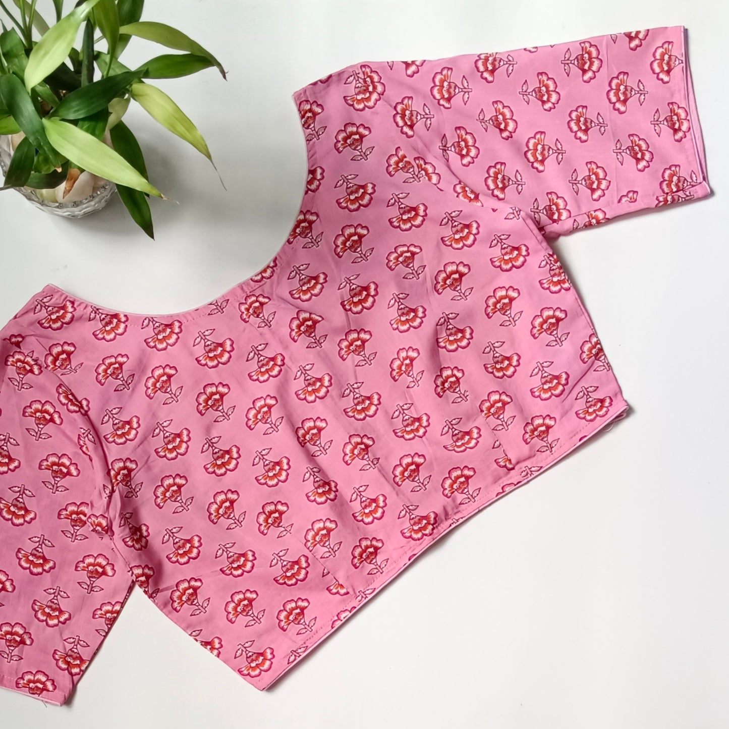 Pink printed cotton boat neck blouse