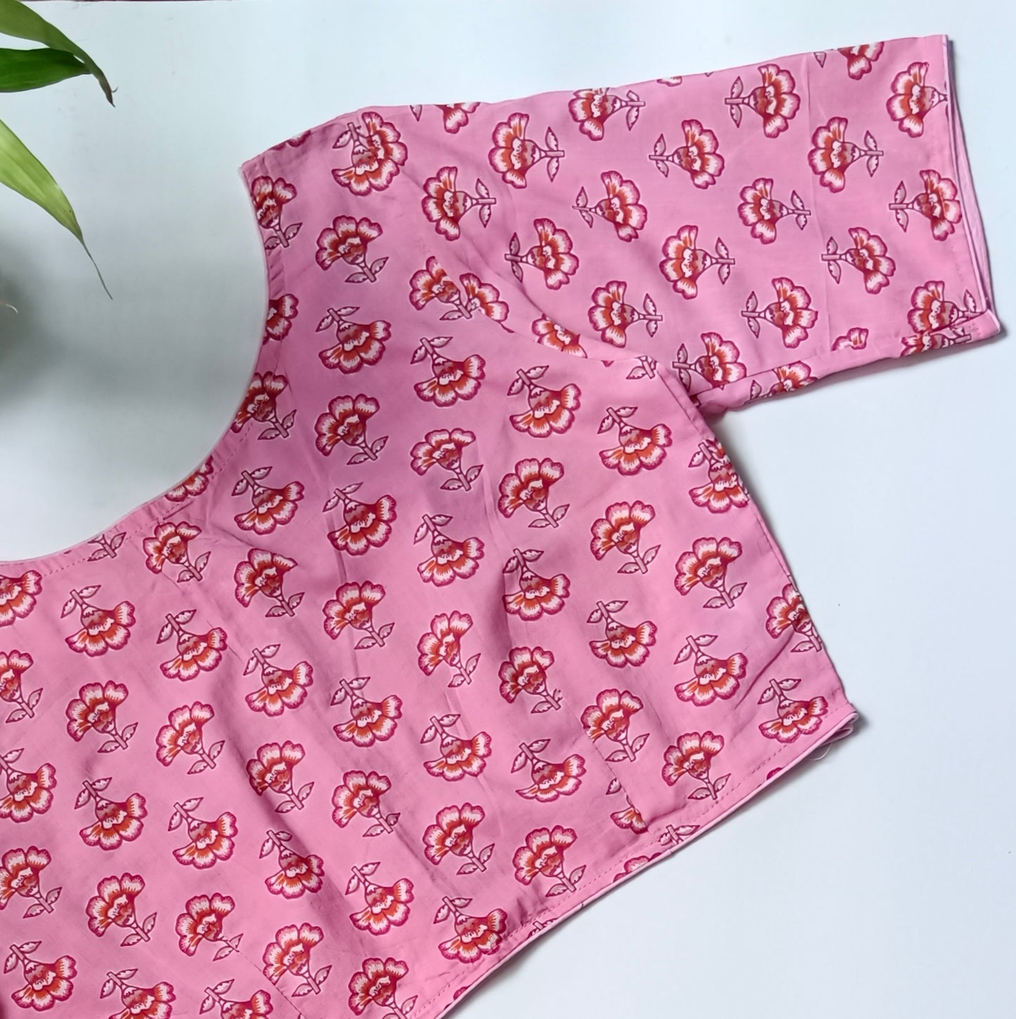 Pink printed cotton boat neck blouse